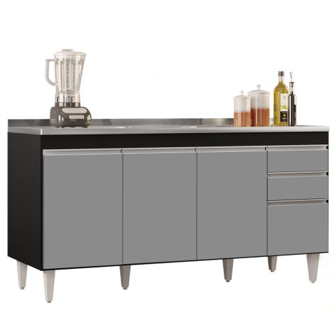 Balcão Gabinete com Pia Inox 160cm Arkansas Preto/Cinza - Lumil Lumil Móveis