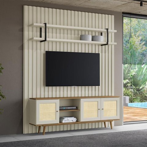 Rack com Painel Ripado e Prateleira para Sala Bend Smart 200cm MDF Louro e Luna com Preto Casa Lar