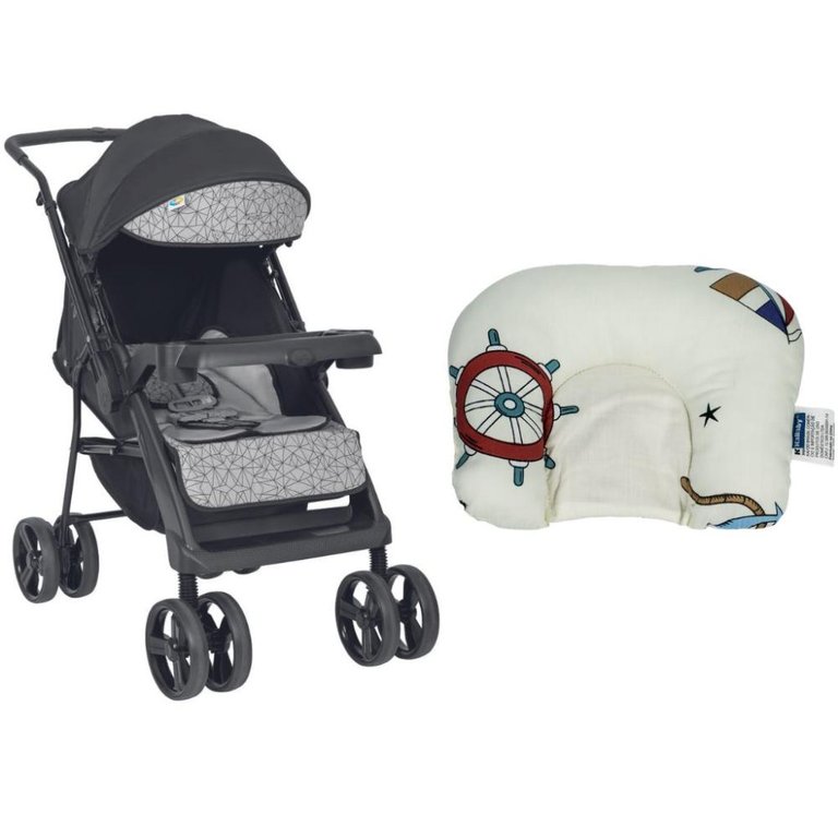 Carrinho de Bebê Joy II Tutti Baby Preto e Cinza + Suporte de Cabeça Almofadinha