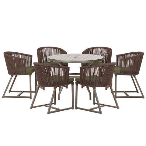 Mesa com 6 Cadeiras de Jantar Roma 120cm e Noronha em Alumínio Marrom Corda Náutica Estofado 13 Tram
