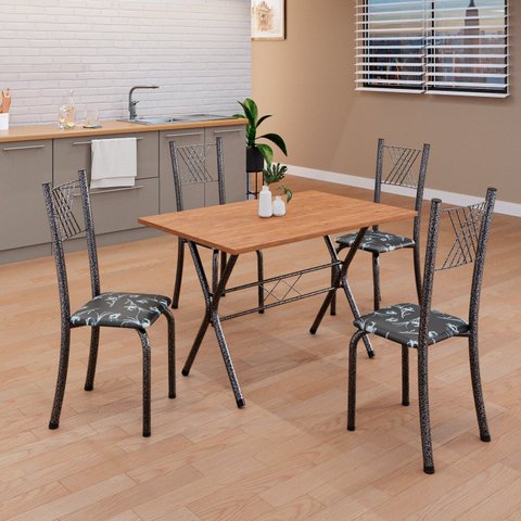 Conjunto de Mesa Tubular 062 100x60cm Tampo em MDF com 4 Cadeiras Sara Preto/Floral/Mart Prata