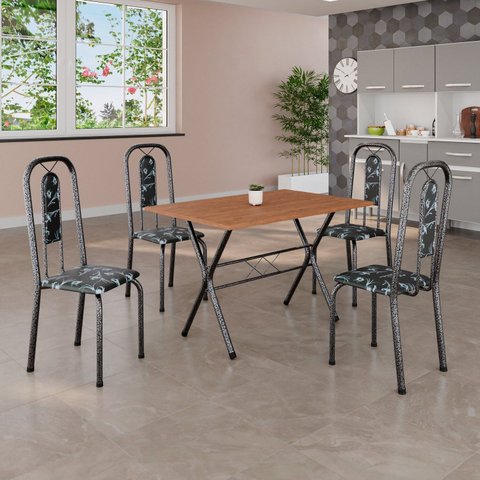 Conjunto de Mesa Tubular 062 100x60cm Tampo em MDF com 4 Cadeiras Lívia Preto/Floral/Mart Prata
