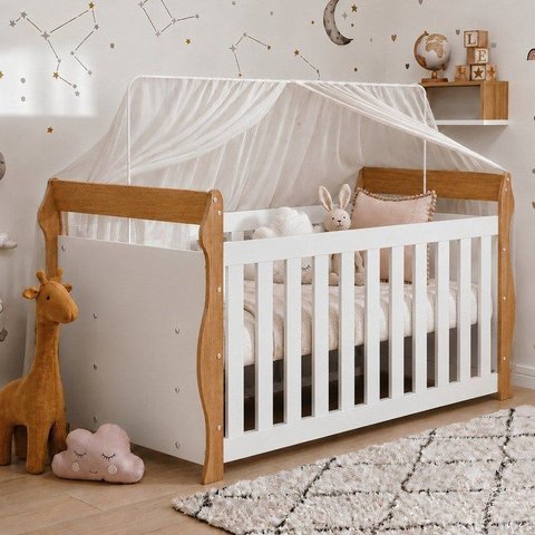Berço 3 em 1 com Regulagem de Altura 100% MDF Star Branco/Amadeirado