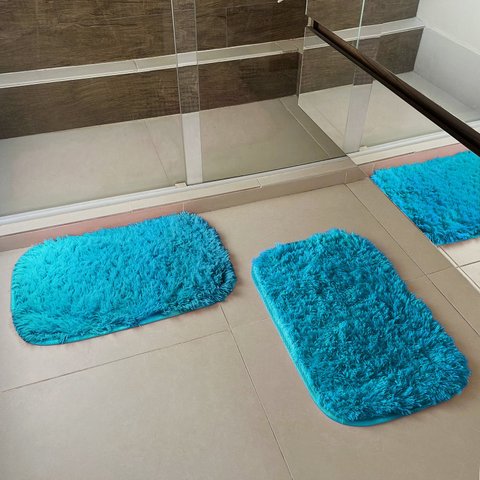 Kit Tapete Pelo Alto Felpudo Peludo Macio Anti Derrapante Alérgico Turquesa 40 x 60 cm