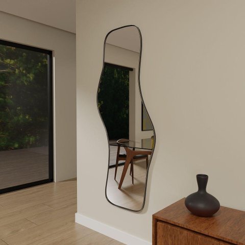 Espelho Orgânico 115cm X 60cm E21 Moldura Couro Preto Luxo Quarto