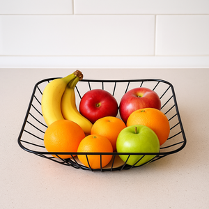 Fruteira de Mesa de Metal e Madeira Cesta Cesto Multiuso:quadrado 28 Cm