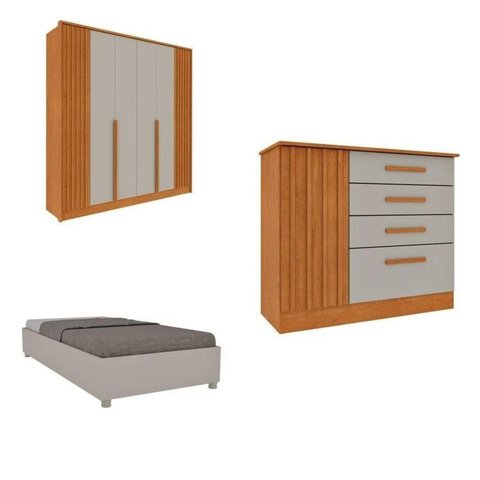 Quarto Solteiro Guarda-Roupa Ripado Nova York, Cama Solteiro Mônaco, Cômoda 4 Gavetas Nova York Bege/Cinamomo/Off White