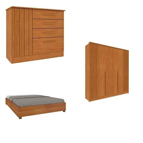 Quarto Casal Completo Guarda-Roupa 6 Portas e Cômoda 4 Gavetas Ripado Nova York e Cama Queen Mônaco Bege/Cinamomo