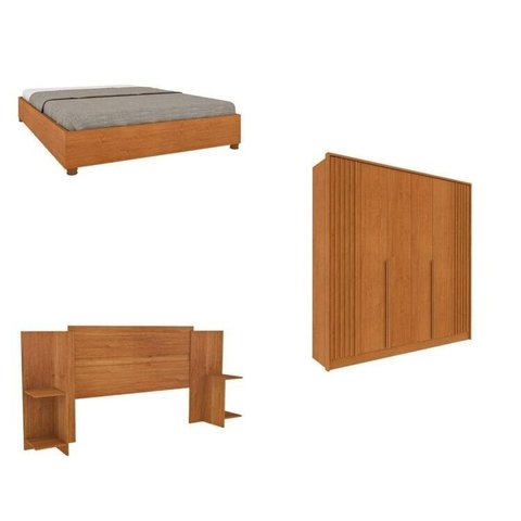 Quarto Casal Guarda-Roupa 6 Portas Ripado Nova York e Cama Box Casal Mônaco com Cabeceira Ajustável Bege/Cinamomo