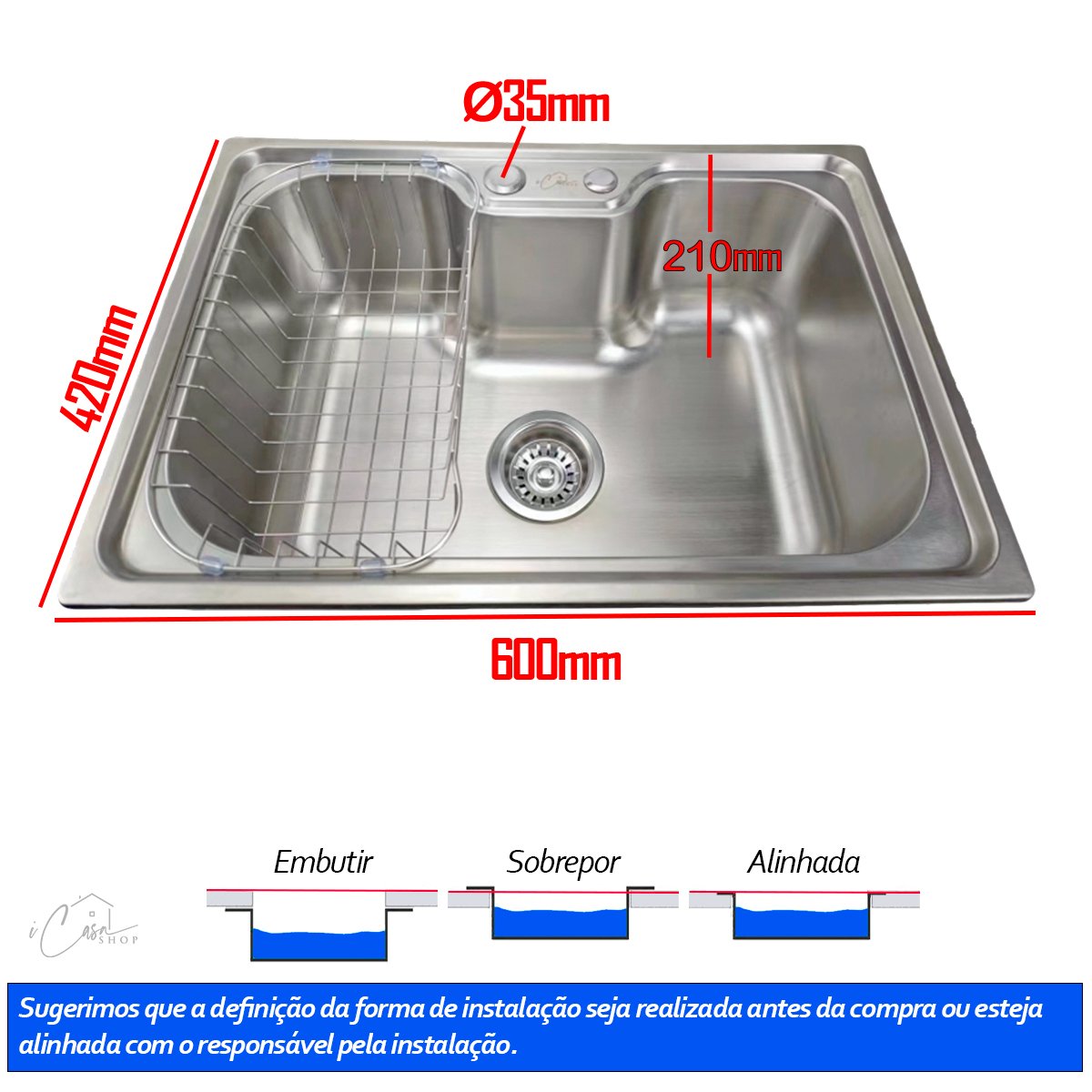 Cuba Gourmet Retangular com Acessórios em Aço Inox Escovado 60x42x21,5cm - 6