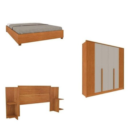 Quarto Casal Guarda-Roupa 6 Portas Ripado Nova York e Cama Box Queen Mônaco com Cabeceira Ajustável Bege/Cinamomo/Off White