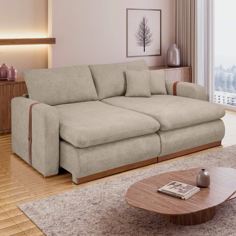 Sofá Cama Retrátil e Reclinável 3 Lugares Bouclé Bege França 230cm Yescasa