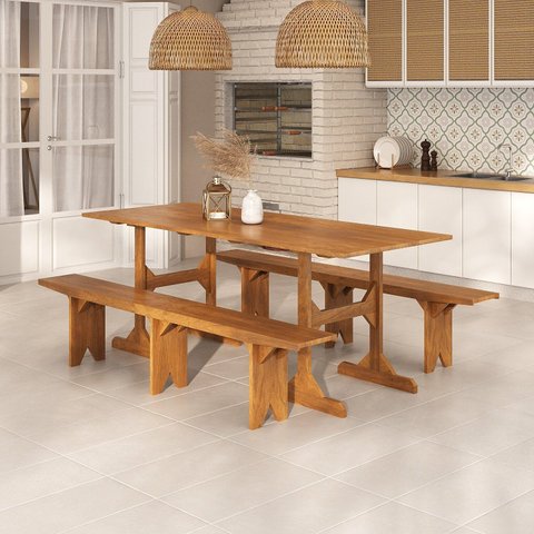 Conjunto Mesa Rústica com Bancos Madeira Maciça