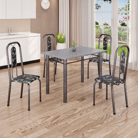 Conjunto de Mesa Tubular 020 100cm x 60cm Tampo com 4 Cadeiras Lívia Prata/Preto