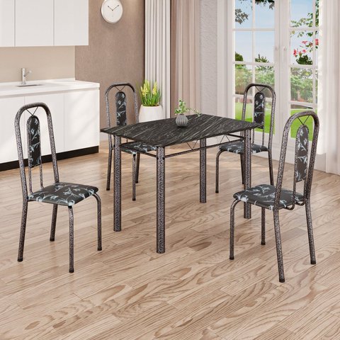 Conjunto de Mesa Tubular 020 100cm x 60cm Tampo com 4 Cadeiras Lívia Prata/Preto
