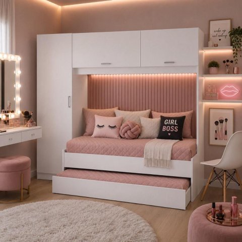 Bicama Menina com Guarda-Roupa e Colchões Inclusos 3 Portas Pulse Multimóveis MP4849 Branco