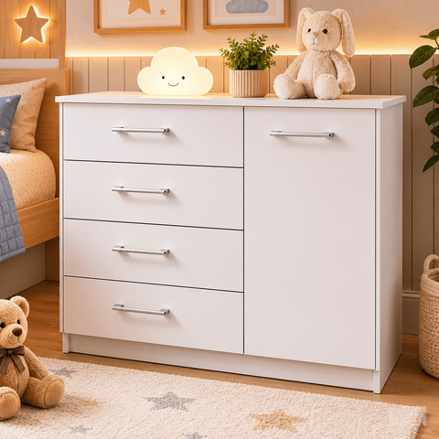 Cômoda 4 Gavetas com Porta para Quarto Multiuso Moderna - Branca
