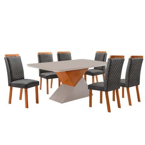 Mesa de Jantar Aster 180cm Tampo MDF Vidro Canto Copo com 6 Cadeiras Lorena