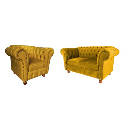 Conjunto Sofá Namoradeira Luis XV Chesterfield Capitone Suede Amarelo / Sala, Tv, Estar, Recepção, d