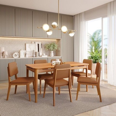 Conjunto Sala de Jantar 1 Mesa 160cm 6 Cadeiras Miriti CabeCasa MadeiraOriginals Marrom/Caramelo