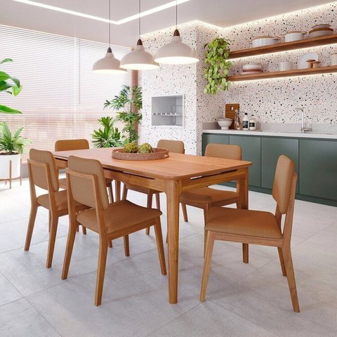 Conjunto Sala de Jantar 6 Lugares Retangular Tampo MDF Miriti CabeCasa MadeiraOriginals Marrom/Caramelo