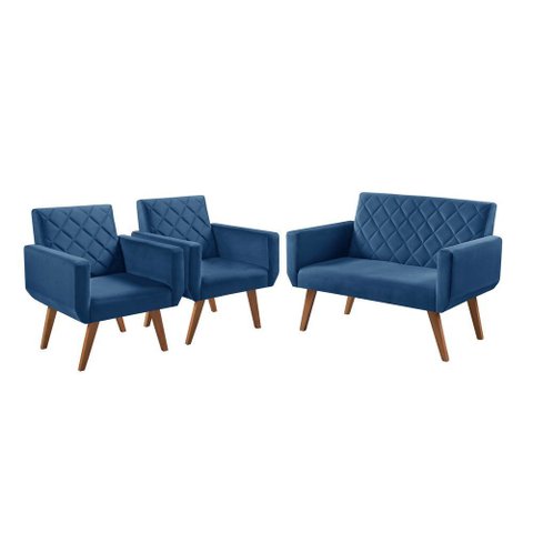 Conjunto Anabelle 2 Poltronas de 1 Lugar 1 Poltrona 2 Lugares Braço Unidecor Azul Bic