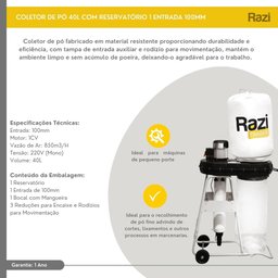 Coletor de Pó Monofásico 1 Entrada 40l com Reservatório 220v 1cv Razi Rzc-cpe1mb - 4