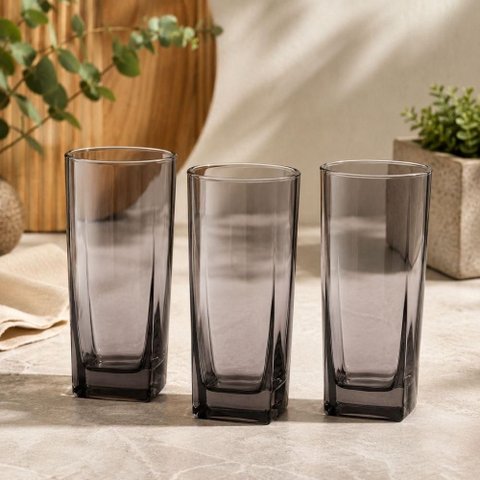 Kit 3 Copos de Vidro Texas 315ml Cinza Fumê Quadrado Bebidas