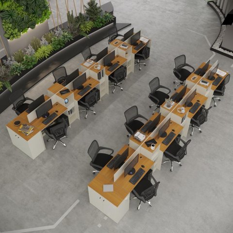 Estação de Trabalho 16 Lugares Office Smart 16 Mesas 12 Armários 2 Aparador - Off White e Cedro