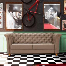 Sofá Para Barbearia 4 Lugares 2,60M Chesterfield Sued Bege Shop JM - 1