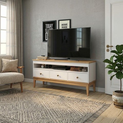 Rack Colonial para TV até 50 Polegadas 120cm com 3 Gavetas e 1 Nicho Branco/Mel