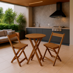 Kit Bistrô Redondo Eucalipto Dobrável com 2 Banquetas de Madeira: Mel