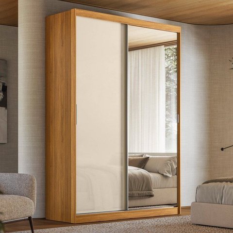 Guarda-Roupa Casal com Espelho 2 Portas de Correr e 3 Gavetas 100% MDF London Cinamon/Off-White