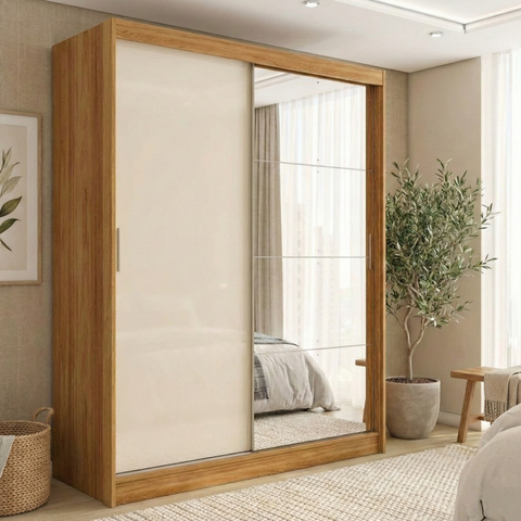 Guarda-Roupa Casal com Espelho 2 Portas de Correr e 4 Gavetas 100% MDF London Cinamon/Off-White