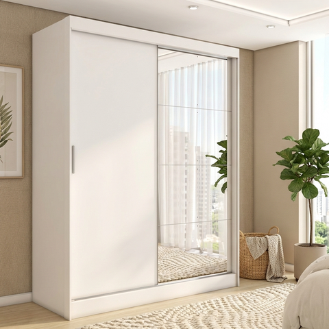 Guarda-Roupa Casal com Espelho 2 Portas de Correr e 4 Gavetas 100% MDF London Branco
