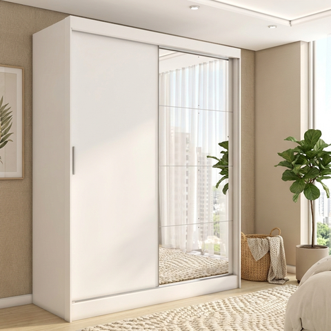 Guarda-roupa Solteiro com Espelho 2 Portas de Correr e 4 Gavetas 100% MDFLondon