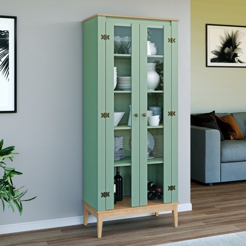 Cristaleira Colonial 2 Portas Vidro Pés Madeira Mel e Oliva 75cm Movelbento