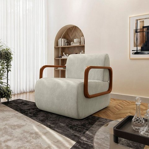 Poltrona Decorativa Orgânica com Braço em Madeira Caicos Yescasa