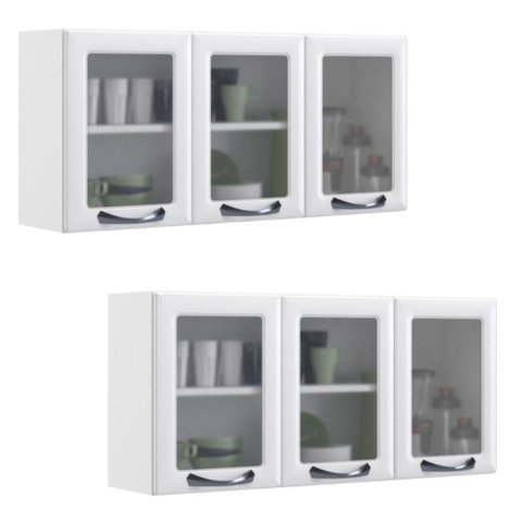 Kit 2 Armários Aéreos Multiuso Itatiaia Aço 3 Portas Com Vidro New Premium Cozinha e Área de