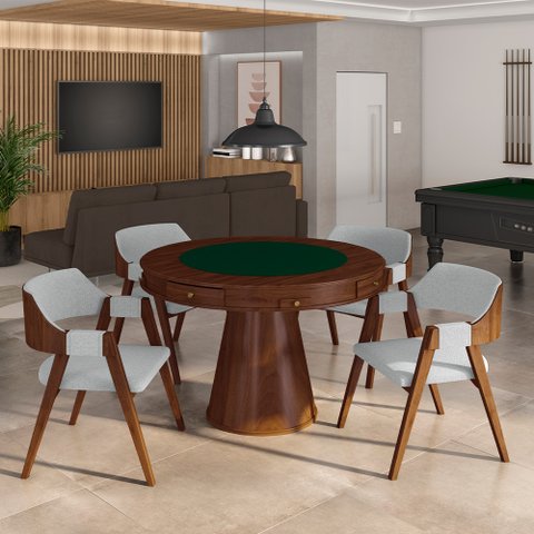 Conjunto Mesa de Jogos Carteado Bellagio Tampo Reversível Verde e 4 Cadeiras Madeira Poker Base Cone