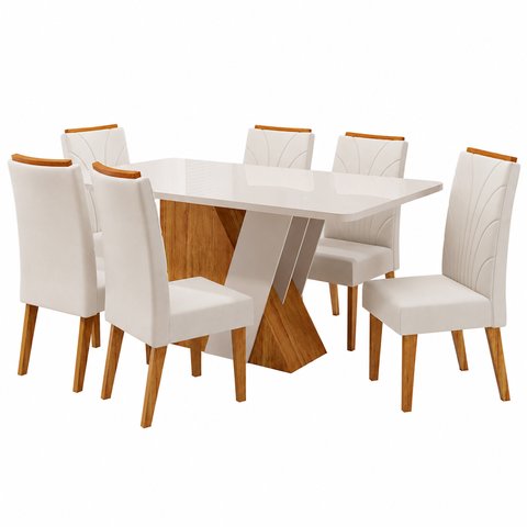 Conjunto Sala de Jantar 6 Lugares Retangular Tampo de Vidro/MDF Xangai Cobre/Off White/Bege - Casa g