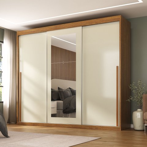 Guarda-Roupa Casal 3 Portas de Correr e 6 Gavetas Spazio Yescasa Off White/Cinamomo