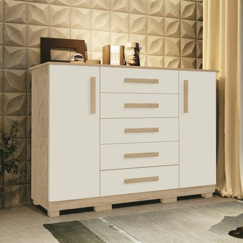 Comoda Casal 5 gavetas com sapateira cabeiro e porta objetos 100%MDF Sarah OffWhite/Teka