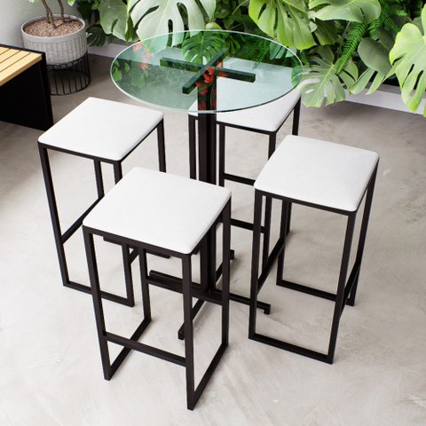 Conjunto Mesa Alta Bar Bistrô Redonda Vidro 4 Bancos Estofado Don Castro Decor