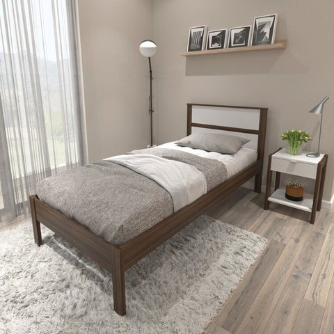 Conjunto Cama Solteiro com 1 Mesa de Cabeceira Marrom/Nogal/Branco