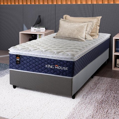 Conjunto Cama Box Solteirão c/ Molas Ensacadas Lagras Cinza 96x203x66