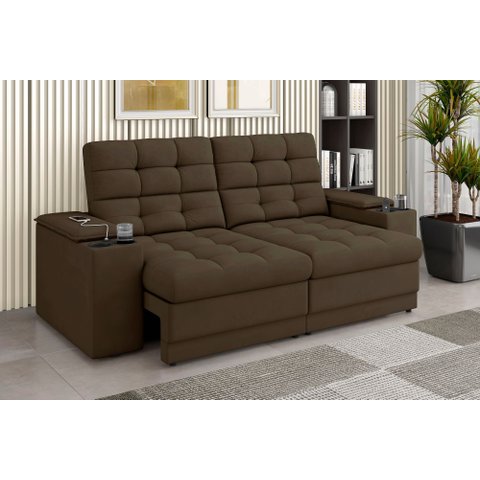 Sofá Retrátil Reclinável 205cm 3 Lugares com USB e Porta Copo Kansas Marrom