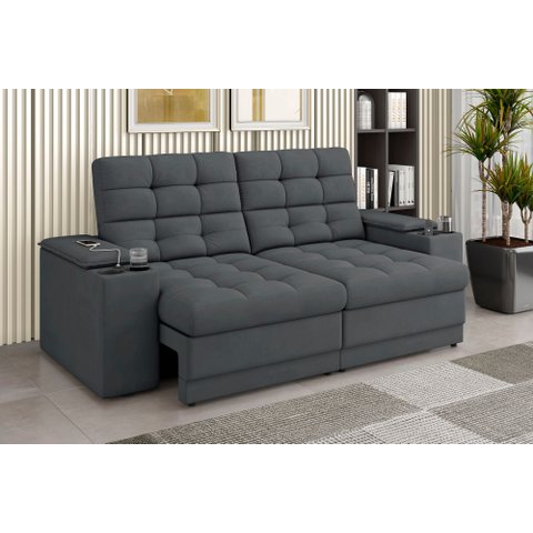 Sofá Retrátil Reclinável 205cm 3 Lugares com USB e Porta Copo Kansas Cinza