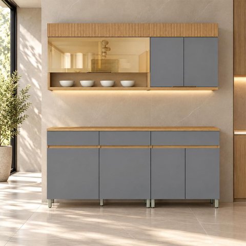 Cozinha Modulada Realeza Premium 4 Peças com 7 Portas, 3 Gavetas e Vidro Reflecta Titânio - Nesher