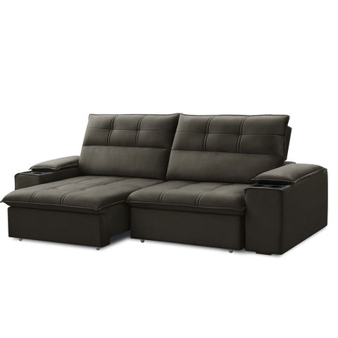 Sofá Retrátil Reclinável França 210 cm com Porta Copos e Objetos Marrom Tabaco